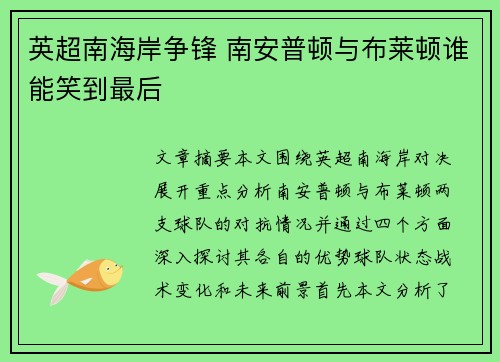 英超南海岸争锋 南安普顿与布莱顿谁能笑到最后 英超南海岸争锋 南安普顿与布莱顿谁能笑到最后
