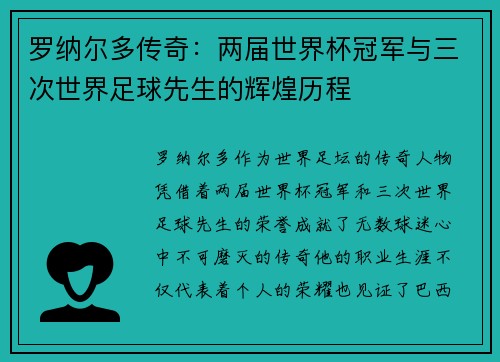罗纳尔多传奇:两届世界杯冠军与三次世界足球先生的辉煌历程 罗纳尔多传奇:两届世界杯冠军与三次世界足球先生的辉煌历程